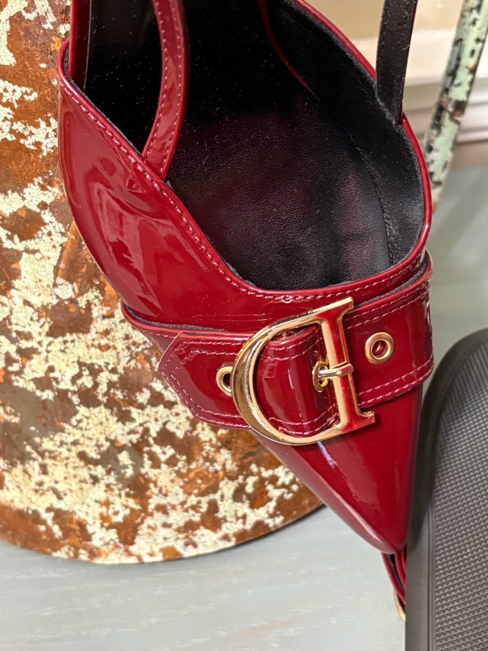 Designer Inspired Patent Pointed-Toe Slingback Heels with Gold Buckle - Picture 5 of 6